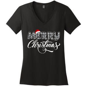 Merry Christmas Buffalo Black And White Plaid Women's V-Neck T-Shirt