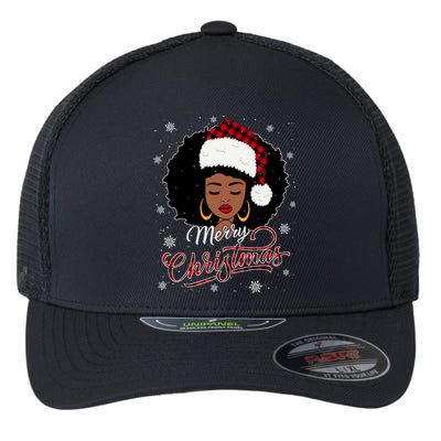 Merry Christmas Buffalo Plaid Queen Santa Afro American Xmas Gift Flexfit Unipanel Trucker Cap