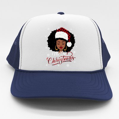 Merry Christmas Buffalo Plaid Queen Santa Afro American Xmas Gift Trucker Hat