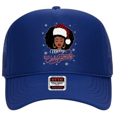 Merry Christmas Buffalo Plaid Queen Santa Afro American Xmas Gift High Crown Mesh Back Trucker Hat