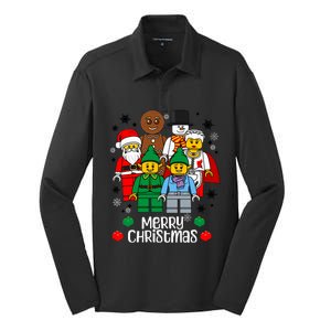 Merry Christmas Building Bricks Santa Elf Snowman Figures Silk Touch Performance Long Sleeve Polo