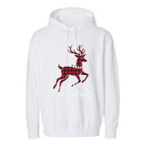 Merry Christmas Buffalo Plaid Reindeer Xmas Family Gift Garment-Dyed Fleece Hoodie