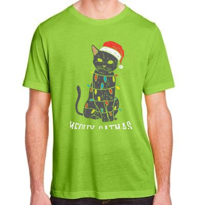 Meowy Catmas Black Cat Christmas Lights Santa Hat Funny Gift Cute Gift Adult ChromaSoft Performance T-Shirt