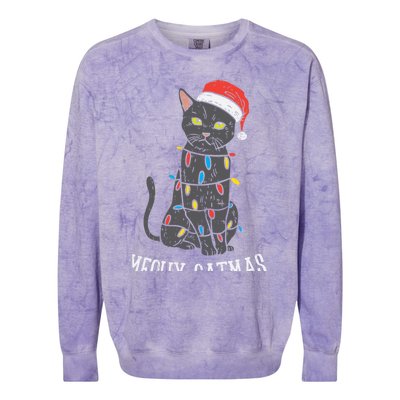 Meowy Catmas Black Cat Christmas Lights Santa Hat Funny Gift Cute Gift Colorblast Crewneck Sweatshirt