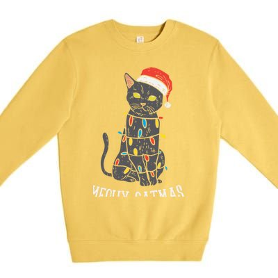 Meowy Catmas Black Cat Christmas Lights Santa Hat Funny Gift Cute Gift Premium Crewneck Sweatshirt