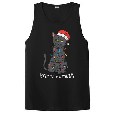 Meowy Catmas Black Cat Christmas Lights Santa Hat Funny Gift Cute Gift PosiCharge Competitor Tank