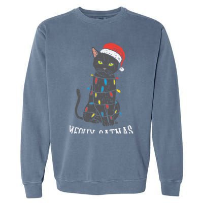 Meowy Catmas Black Cat Christmas Lights Santa Hat Funny Gift Cute Gift Garment-Dyed Sweatshirt