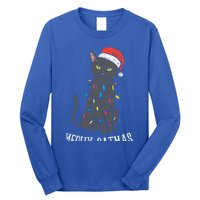 Meowy Catmas Black Cat Christmas Lights Santa Hat Funny Gift Cute Gift Long Sleeve Shirt