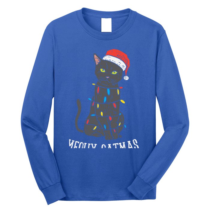 Meowy Catmas Black Cat Christmas Lights Santa Hat Funny Gift Cute Gift Long Sleeve Shirt