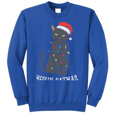 Meowy Catmas Black Cat Christmas Lights Santa Hat Funny Gift Cute Gift Sweatshirt