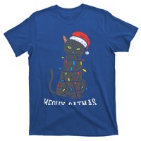 Meowy Catmas Black Cat Christmas Lights Santa Hat Funny Gift Cute Gift T-Shirt