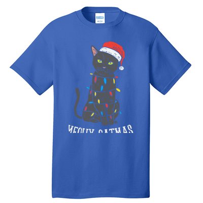 Meowy Catmas Black Cat Christmas Lights Santa Hat Funny Gift Cute Gift Tall T-Shirt