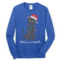 Meowy Catmas Black Cat Christmas Lights Santa Hat Funny Gift Cute Gift Tall Long Sleeve T-Shirt