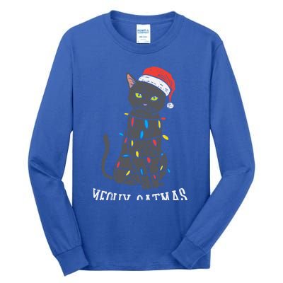 Meowy Catmas Black Cat Christmas Lights Santa Hat Funny Gift Cute Gift Tall Long Sleeve T-Shirt