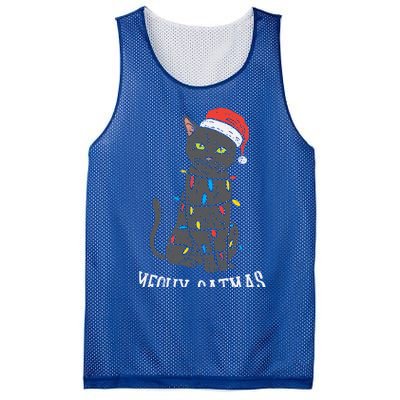 Meowy Catmas Black Cat Christmas Lights Santa Hat Funny Gift Cute Gift Mesh Reversible Basketball Jersey Tank