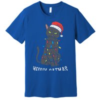 Meowy Catmas Black Cat Christmas Lights Santa Hat Funny Gift Cute Gift Premium T-Shirt