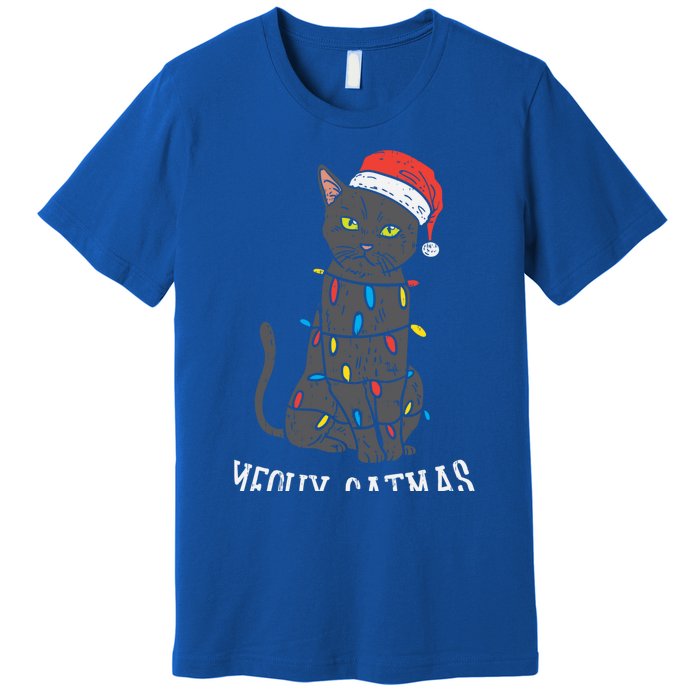 Meowy Catmas Black Cat Christmas Lights Santa Hat Funny Gift Cute Gift Premium T-Shirt