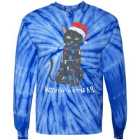 Meowy Catmas Black Cat Christmas Lights Santa Hat Funny Gift Cute Gift Tie-Dye Long Sleeve Shirt