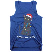 Meowy Catmas Black Cat Christmas Lights Santa Hat Funny Gift Cute Gift Tank Top