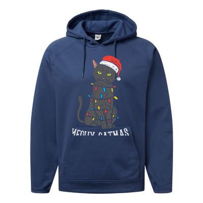 Meowy Catmas Black Cat Christmas Lights Santa Hat Funny Gift Cute Gift Performance Fleece Hoodie