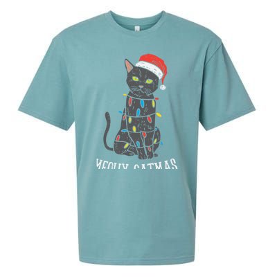 Meowy Catmas Black Cat Christmas Lights Santa Hat Funny Gift Cute Gift Sueded Cloud Jersey T-Shirt