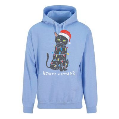 Meowy Catmas Black Cat Christmas Lights Santa Hat Funny Gift Cute Gift Unisex Surf Hoodie