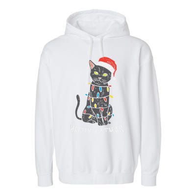 Meowy Catmas Black Cat Christmas Lights Santa Hat Funny Gift Cute Gift Garment-Dyed Fleece Hoodie