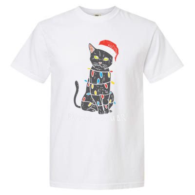 Meowy Catmas Black Cat Christmas Lights Santa Hat Funny Gift Cute Gift Garment-Dyed Heavyweight T-Shirt