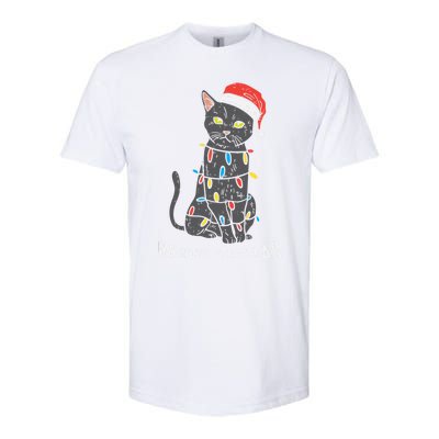 Meowy Catmas Black Cat Christmas Lights Santa Hat Funny Gift Cute Gift Softstyle CVC T-Shirt