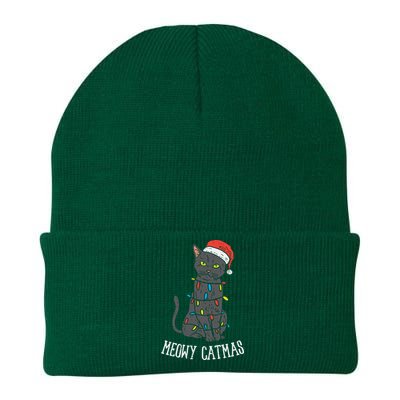 Meowy Catmas Black Cat Christmas Lights Santa Hat Funny Gift Knit Cap Winter Beanie