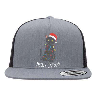 Meowy Catmas Black Cat Christmas Lights Santa Hat Funny Gift Flat Bill Trucker Hat