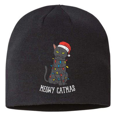 Meowy Catmas Black Cat Christmas Lights Santa Hat Funny Gift Sustainable Beanie