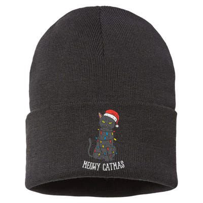 Meowy Catmas Black Cat Christmas Lights Santa Hat Funny Gift Sustainable Knit Beanie