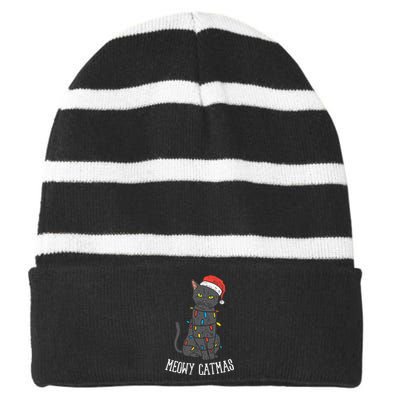 Meowy Catmas Black Cat Christmas Lights Santa Hat Funny Gift Striped Beanie with Solid Band