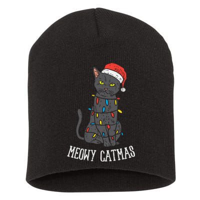 Meowy Catmas Black Cat Christmas Lights Santa Hat Funny Gift Short Acrylic Beanie