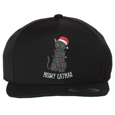 Meowy Catmas Black Cat Christmas Lights Santa Hat Funny Gift Wool Snapback Cap