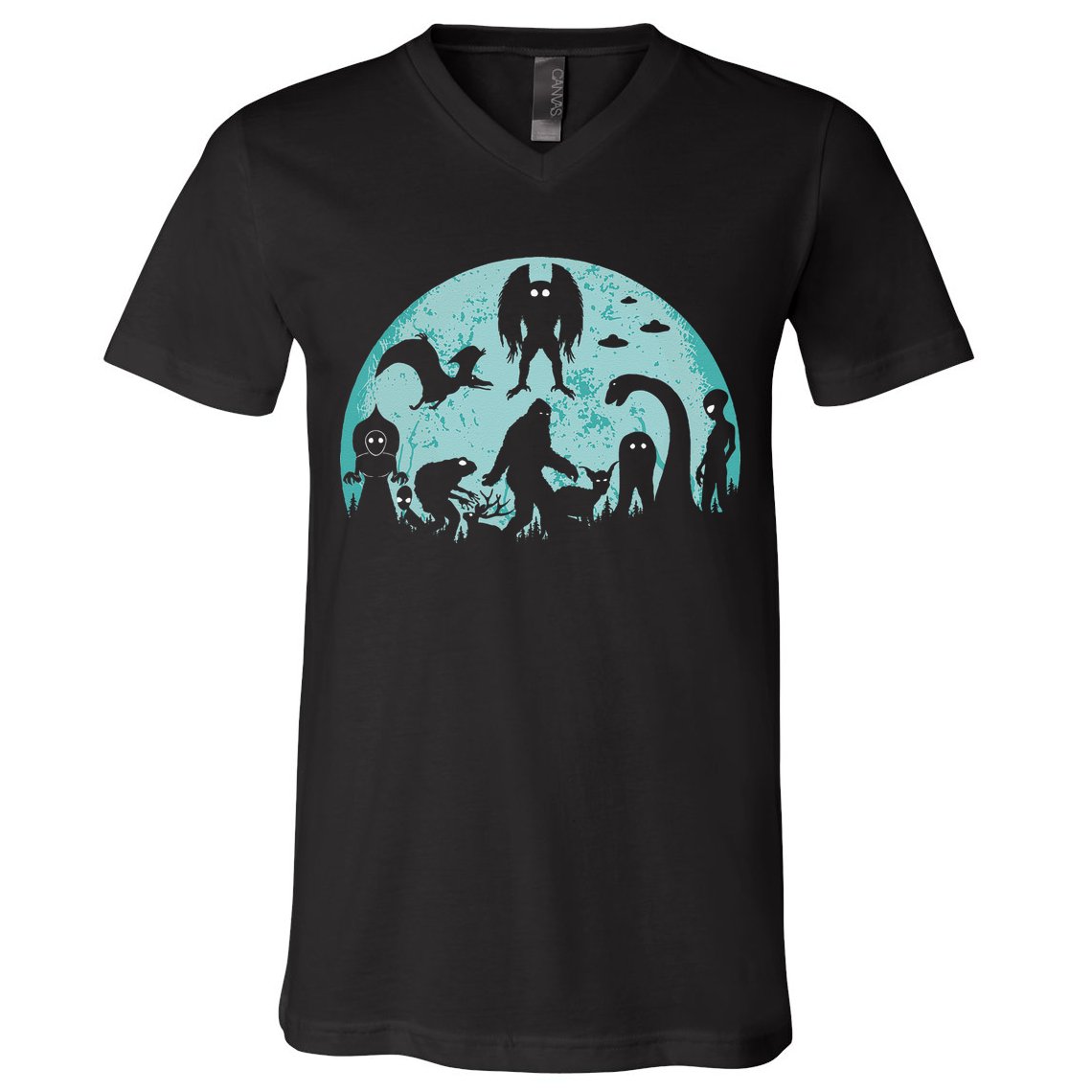 Mythical Creatures Bigfoot Loch Ness Monster Mothman Cryptid V-Neck T-Shirt