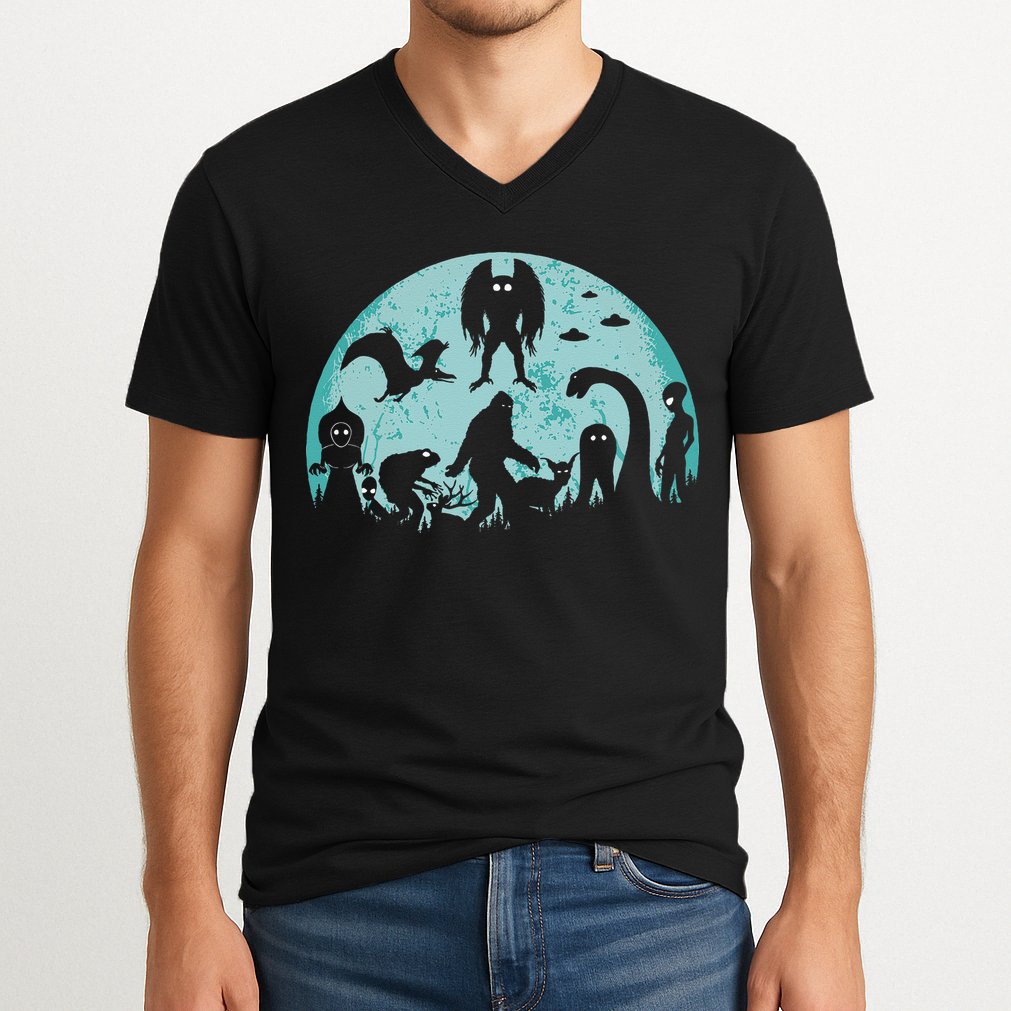 Mythical Creatures Bigfoot Loch Ness Monster Mothman Cryptid V-Neck T-Shirt