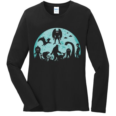 Mythical Creatures Bigfoot Loch Ness Monster Mothman Cryptid Ladies Long Sleeve Shirt