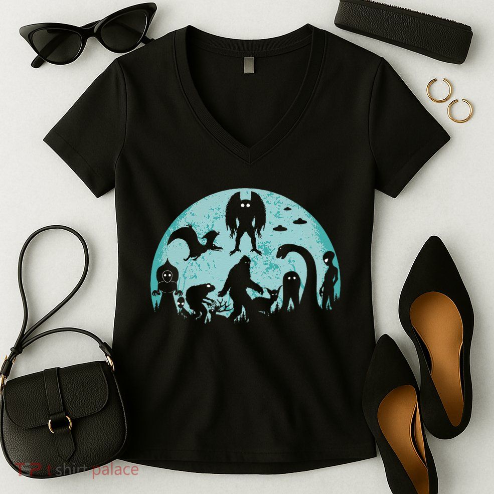 Mythical Creatures Bigfoot Loch Ness Monster Mothman Cryptid Women's V-Neck T-Shirt
