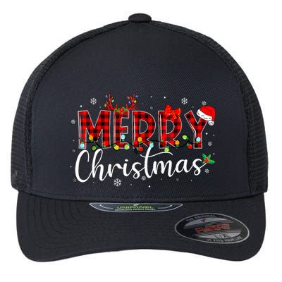 Merry Christmas Buffalo Plaid Red Santa Hat Xmas Pajamas Flexfit Unipanel Trucker Cap