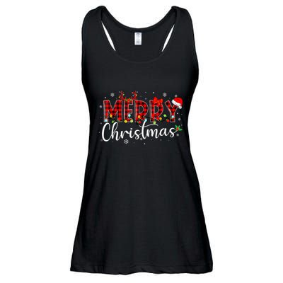Merry Christmas Buffalo Plaid Red Santa Hat Xmas Pajamas Ladies Essential Flowy Tank