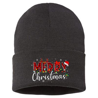 Merry Christmas Buffalo Plaid Red Santa Hat Xmas Pajamas Sustainable Knit Beanie