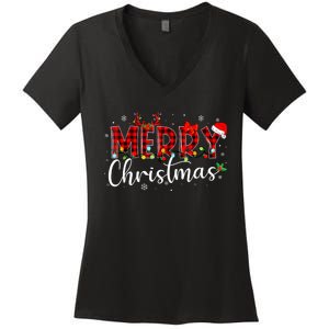 Merry Christmas Buffalo Plaid Red Santa Hat Xmas Pajamas Women's V-Neck T-Shirt