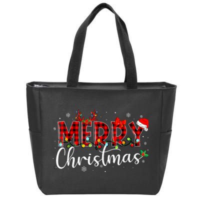 Merry Christmas Buffalo Plaid Red Santa Hat Xmas Pajamas Zip Tote Bag