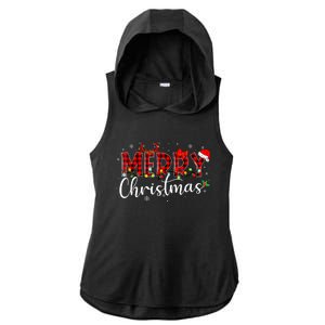 Merry Christmas Buffalo Plaid Red Santa Hat Xmas Pajamas Ladies PosiCharge Tri-Blend Wicking Draft Hoodie Tank