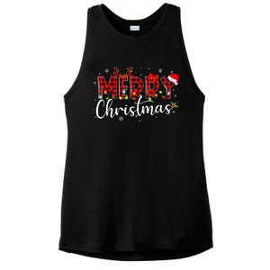 Merry Christmas Buffalo Plaid Red Santa Hat Xmas Pajamas Ladies PosiCharge Tri-Blend Wicking Tank