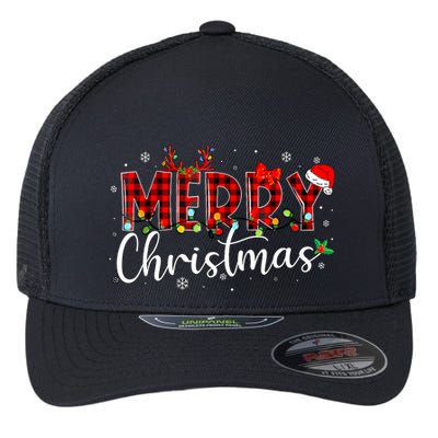 Merry Christmas Buffalo Plaid Red Santa Hat Xmas Pajamas Flexfit Unipanel Trucker Cap