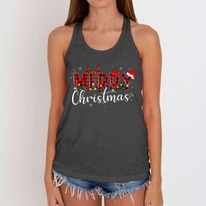 Merry Christmas Buffalo Plaid Red Santa Hat Xmas Pajamas Women's Knotted Racerback Tank