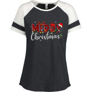 Merry Christmas Buffalo Plaid Red Santa Hat Xmas Pajamas Enza Ladies Jersey Colorblock Tee